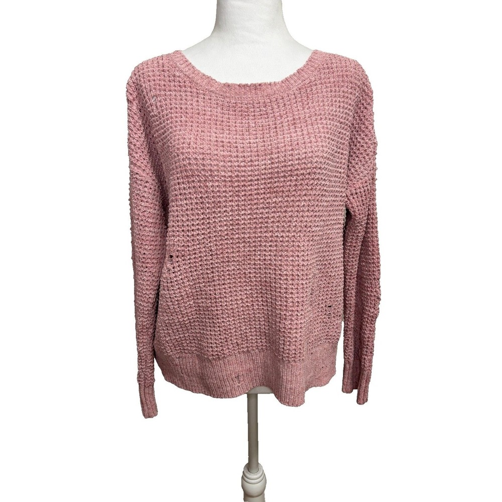 American Eagle Sweater Pink Chenille Waffle Knit Distressed Boho Grunge Soft S